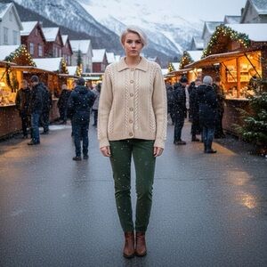 Vintage Hand Knit Fisherman Cardigan Beige Wool Button Down GVC L